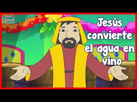 Jesús convierte el agua en vino, para niños.