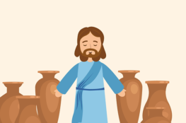 Jesús convierte el agua en vino, para niños.
